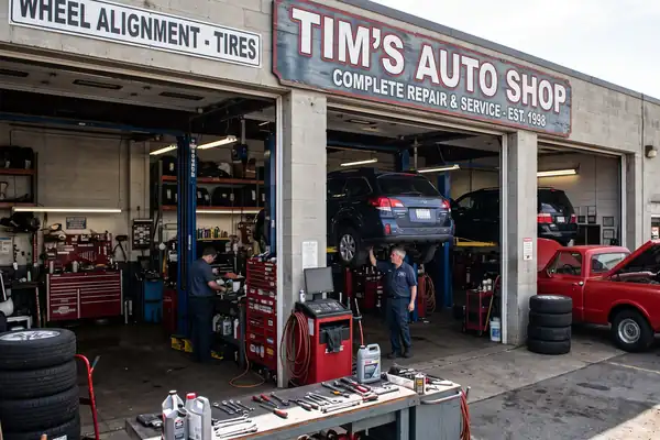 Auto repair shop with vehicles on lifts inside service bays