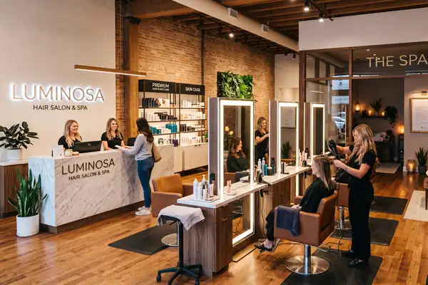 Modern salon and spa reception with styling stations and clients